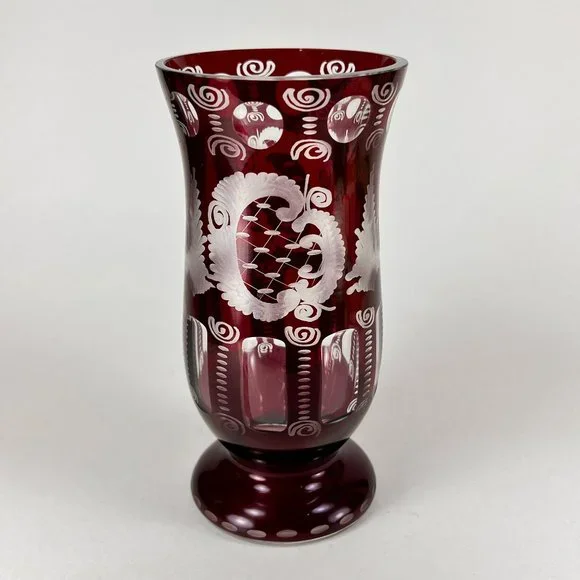 Vtg Egermann Vase Bohemian Ruby Red Cut To Clear Etched Glass Castle Bird Czech